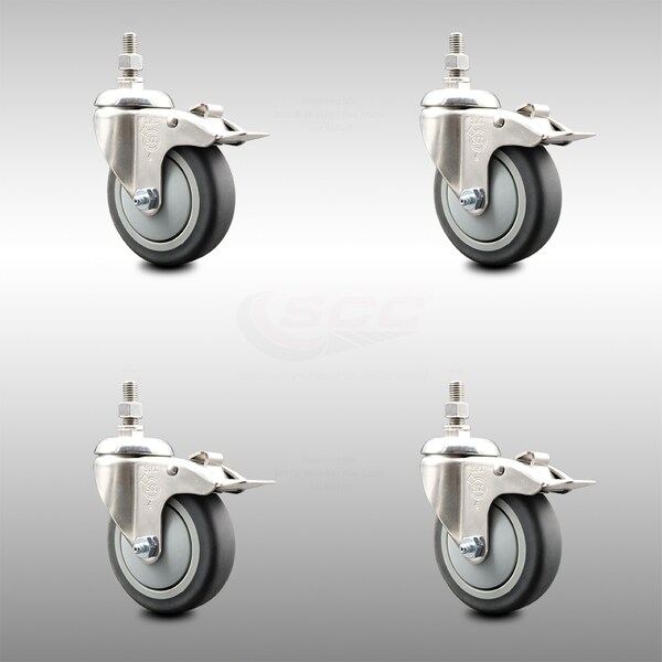 Service Caster 4 Inch 316SS Thermoplastic Rubber Swivel 12mm Stem Caster Set Lock Brake SCC SCC-SS316TSTTL20S414-TPRB-M1215-4 - main